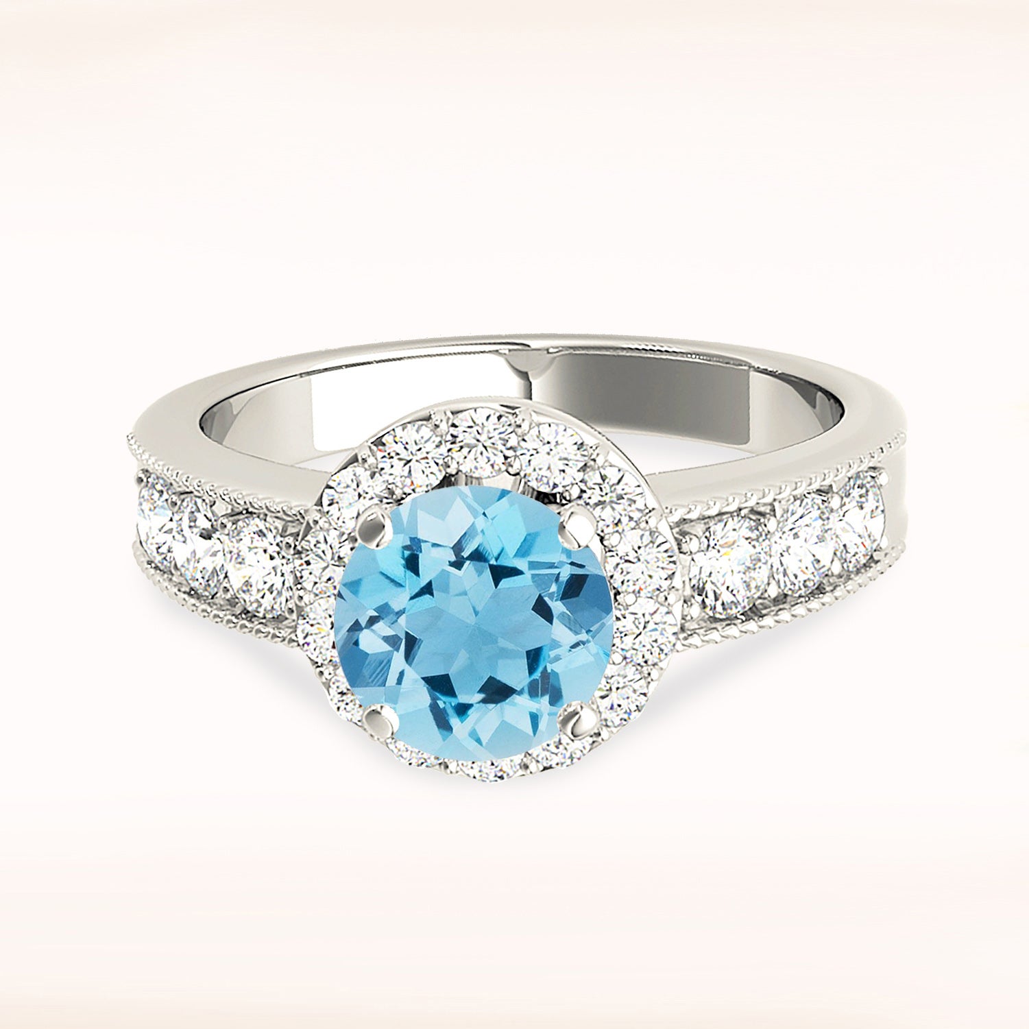 1.10 ct. Genuine Aquamarine Ring With 0.75 ctw. Diamond Halo And Milgrain Diamond Band | Round Blue Aquamarine Halo Ring-VIRABYANI